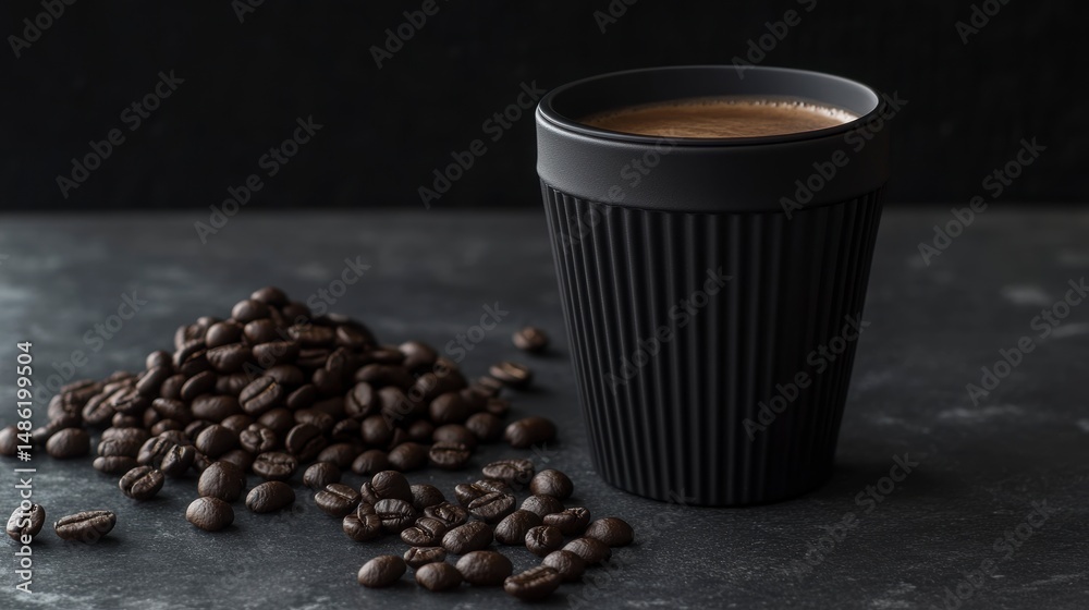 Dark roasted coffee beans beside a dark grey reusable cup filled with coffee. Dark roasted coffee beans beside a dark grey reusable cup filled with coffee.