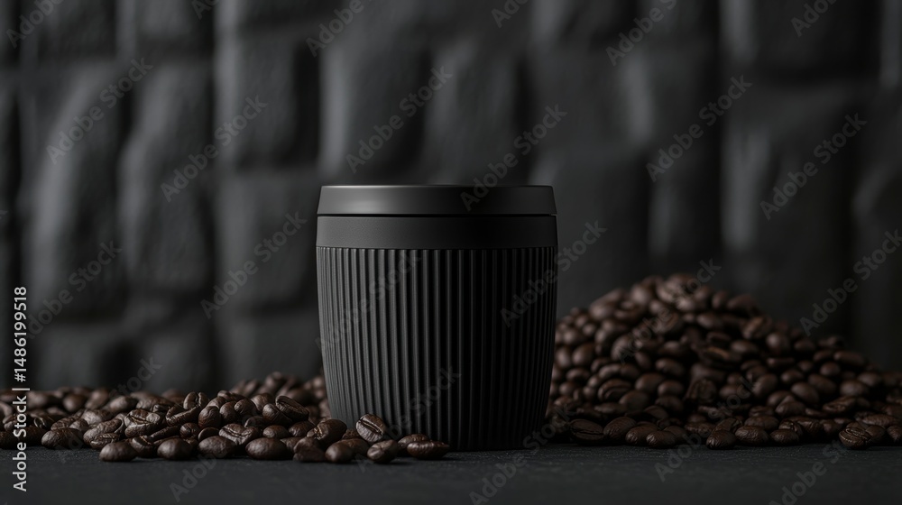 Black reusable coffee cup with roasted coffee beans on dark background. Black reusable coffee cup with roasted coffee beans on dark background.