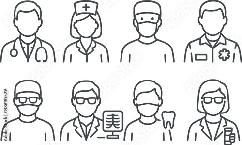 Medical professionals outline icons set – healthcare, doctor and nurse symbols