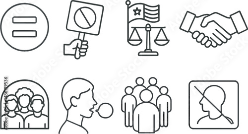 Equality and justice silhouette icons set – fairness, law and rights symbols