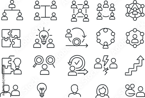 Team dynamics outline icons set – collaboration, communication, workflow symbols