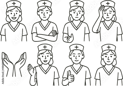 Nurse emotive icons set - outline, healthcare, medical personnel expressive symbols