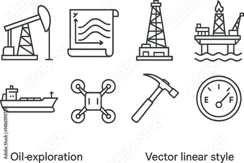 Oil exploration linear icons set - line, industry, energy symbols for drilling projects