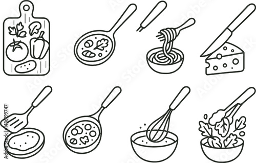 Kitchen utensil outline icons set – cooking, culinary and food preparation symbols