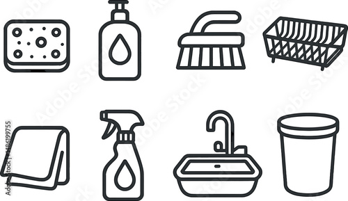 Cleaning supplies silhouette icons set – household, sanitation, hygiene symbols