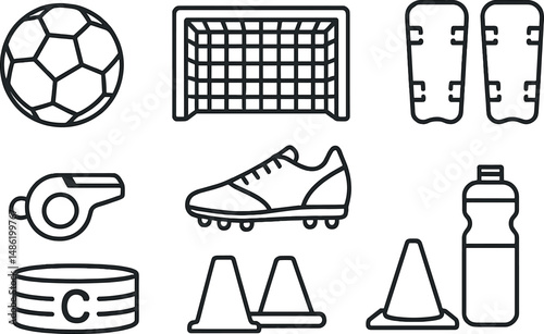Football gear outline icons set – linear, sports equipment and soccer symbols