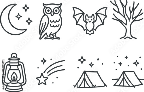 Nocturnal nature silhouette icons set – wildlife, nighttime and camping symbols
