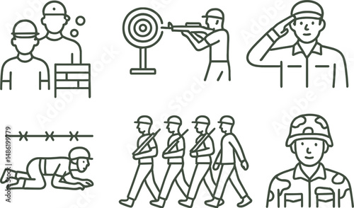 Military training line icons set – outline, bootcamp and army symbols collection