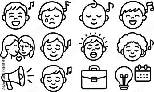 Emotional and work tools icons set – outline, expressive faces, office essentials