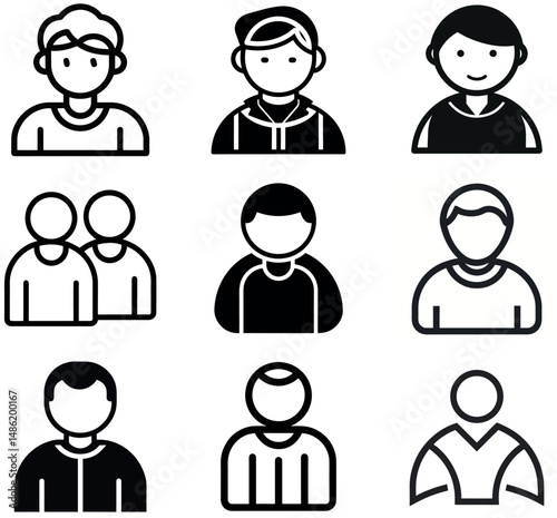 Minimalist User Profile Icon Set, Black and White Line Avatars