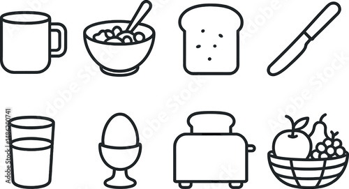Breakfast and kitchen icons set – outline, culinary and dining symbols