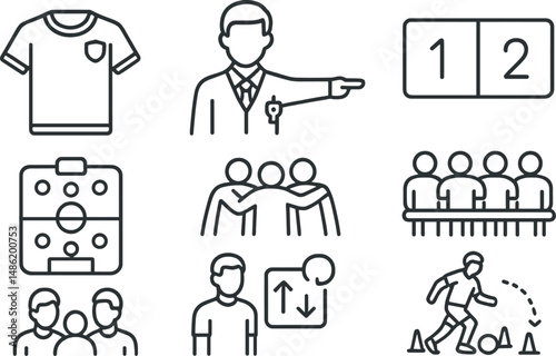 Team sports icons set – line, athletic, competition symbols for dynamic design
