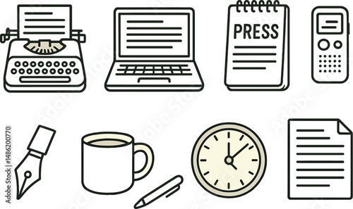 Newswriting essentials icons set – outline, journalism and media symbols
