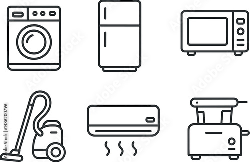 Home appliance silhouette icons set – outline, kitchen and household device symbols