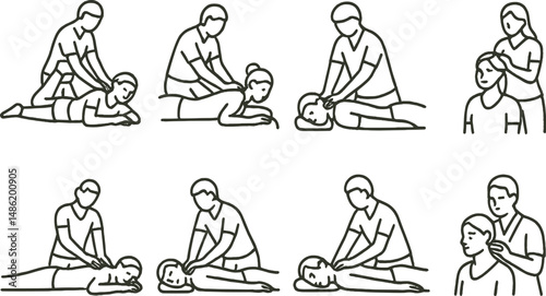Massage therapy outline icons set – holistic, wellness, and care symbols