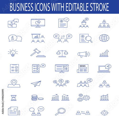 A clean set of blue business icons with editable strokes. Ideal for presentations, apps, websites, and infographics. Stylish and easy to customise.