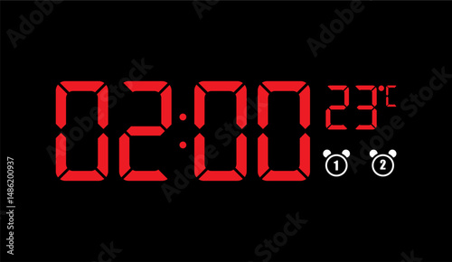 Vivid Red Digital Clock Display at 2:00 AM/PM with 23�C Temperature, Modern Timekeeping and Temperature, Alarm Clock Icons on a Black Background