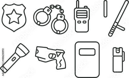 Police equipment icons set – outline, safety, security symbols for law enforcement