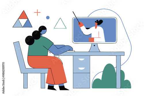 Young woman watches monitor with online teacher during a virtual lesson