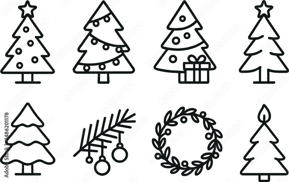 Fototapeta premium Festive holiday trees outline icons set – simple, christmas and decoration symbols