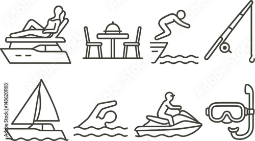 Yacht leisure outline icons set – recreation, sailing and aquatic activity symbols