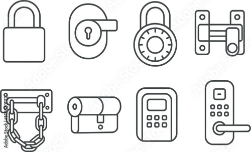 Security and protection outline icons set – locked, keyhole and safe symbols