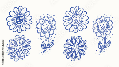 Hand drawn groovy daisy flowers set simple flat black icons and illustrations
