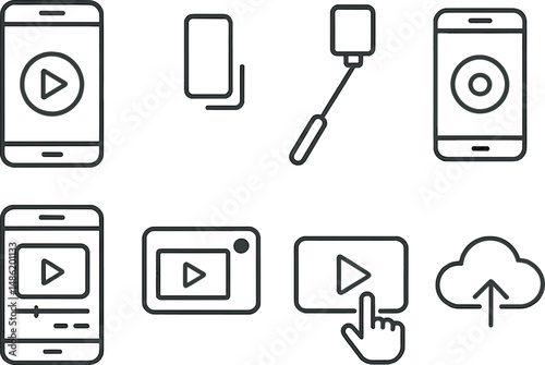 Mobile video tools linear icons set – outline, smartphone and media symbols