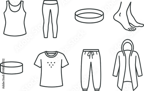 Yoga and fitness linear icons set – outline, apparel and exercise symbols
