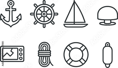 Yacht equipment line icons set – silhouette, marine and nautical symbols