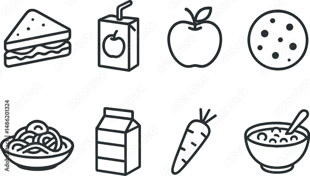 Kids meal silhouette icons set – outline, children food and snack symbols