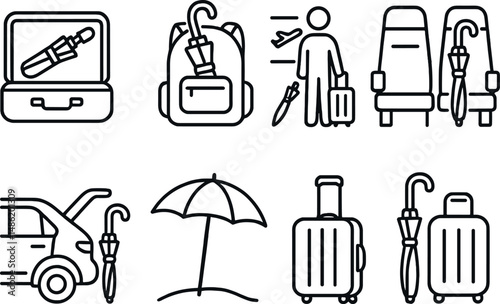 Travel umbrella outline icons set – simple, vacation and journey essentials symbols
