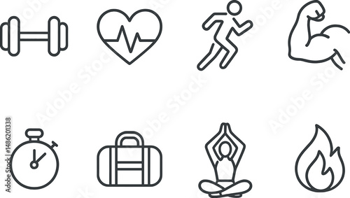 Fitness and health outline icons set – silhouette, exercise and workout symbols