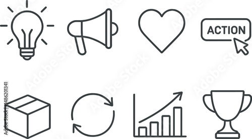 Business and marketing outline icons set – linear, strategy, commerce symbols