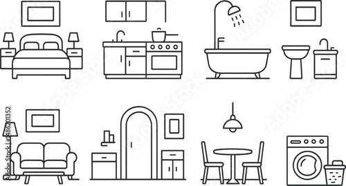 Home and living outline icons set – silhouette, interior and furniture design symbols