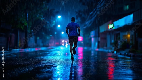 A lone runner in the rain, viewed from behind, races down a wet city street at night under neon lights