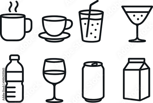 Beverage outline icons set – drinks, refreshments and simple symbols collection
