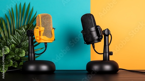 Two Microphones Podcast Setup on Teal and Yellow Background