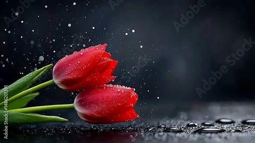 Two Red Tulips With Water Droplets on Dark Background