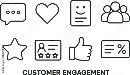 Customer engagement icons set – silhouette style with communication, feedback visuals