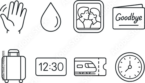 Goodbye journey outline icons set – travel, farewell and departure symbols