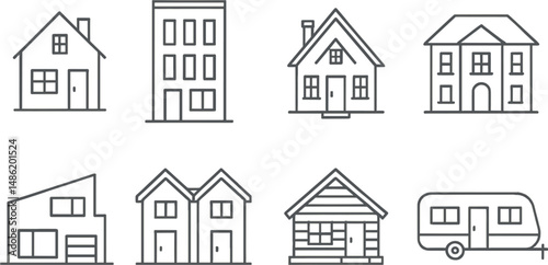 House silhouette icons set – outline, home and building design symbols
