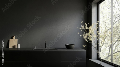 Modern kitchen with a large window on the right side. the wall is painted in a dark grey color and the floor is made of dark wood.