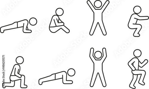 Workout and exercise icons set – silhouette, fitness and training symbols