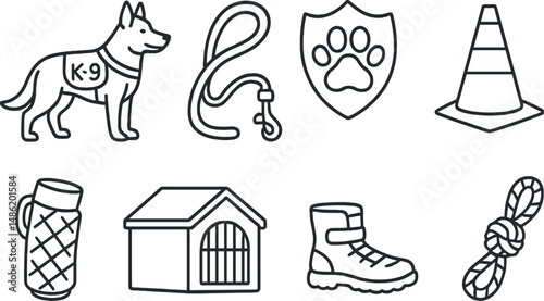 Dog care silhouette icons set – outline, pet grooming and training symbols