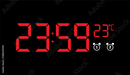 Red Digital Alarm Clock Displaying 23:59 and Temperature, Ideal for Time Management and Technology Concepts with Black Background, Minimalist Design and Clear Readability