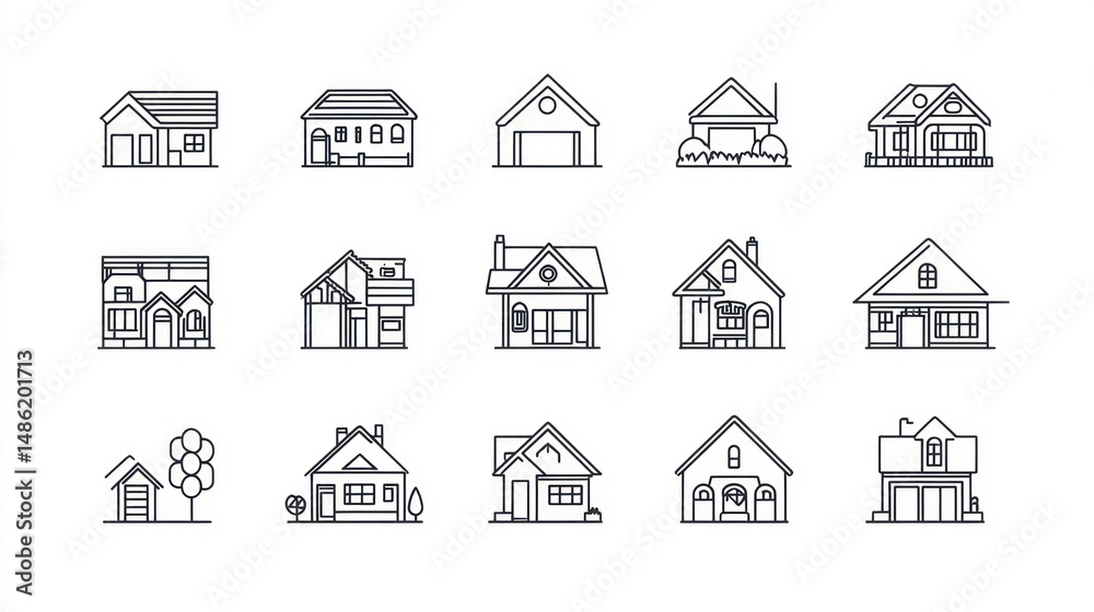 Fototapeta premium Collection of various single-line houses, each with unique architectural features