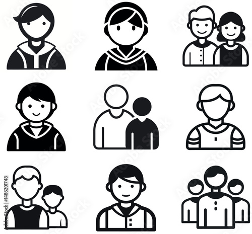 Minimalist User Profile Icon Set, Black and White Line Avatars