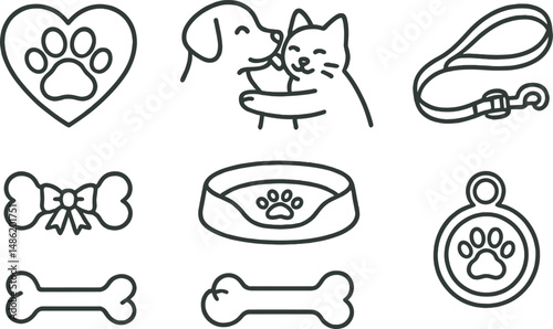 Pet care outline icons set – simple animal, companion symbols for everyday use