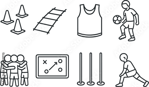 Football training outline icons set – silhouette, exercise and coaching symbols